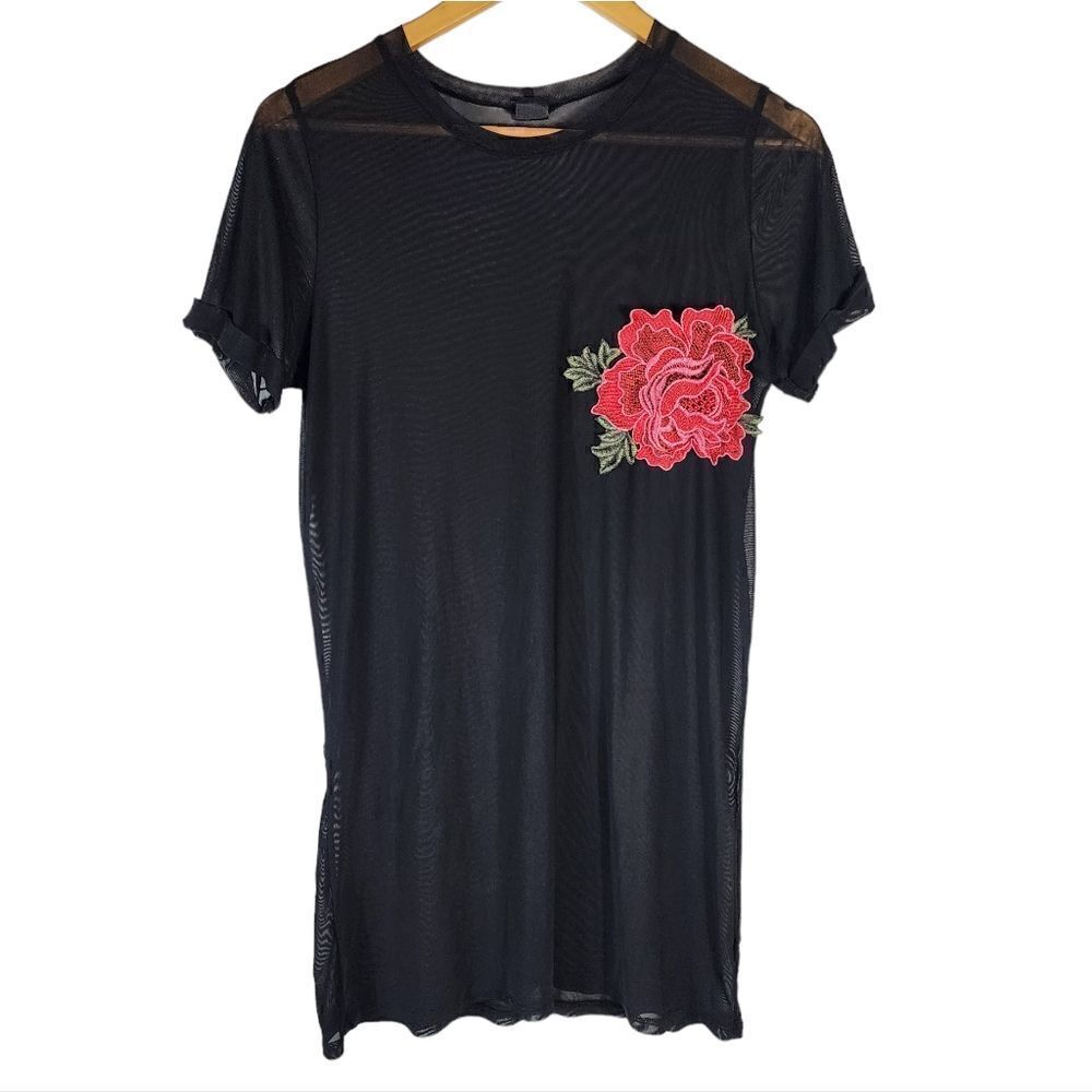 I JOAH Sheer Mesh Black long Red Flower tunic mini dress